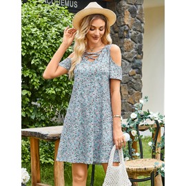 Bluetime Women Cold Shoulder Summer Dress Short Sleeve Beach Casual Loose Swing Dress (S, Floral Gray Blue)