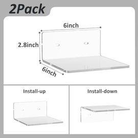 Sezanrpt 6 Inches Acrylic Small Wall Shelves, Clear Floating Shelf for Wall Mounting, Acrylic Display Ledges for Funko Pop Figures, Home Décor, Living Room, Gaming Room, Plants, 2 Pack