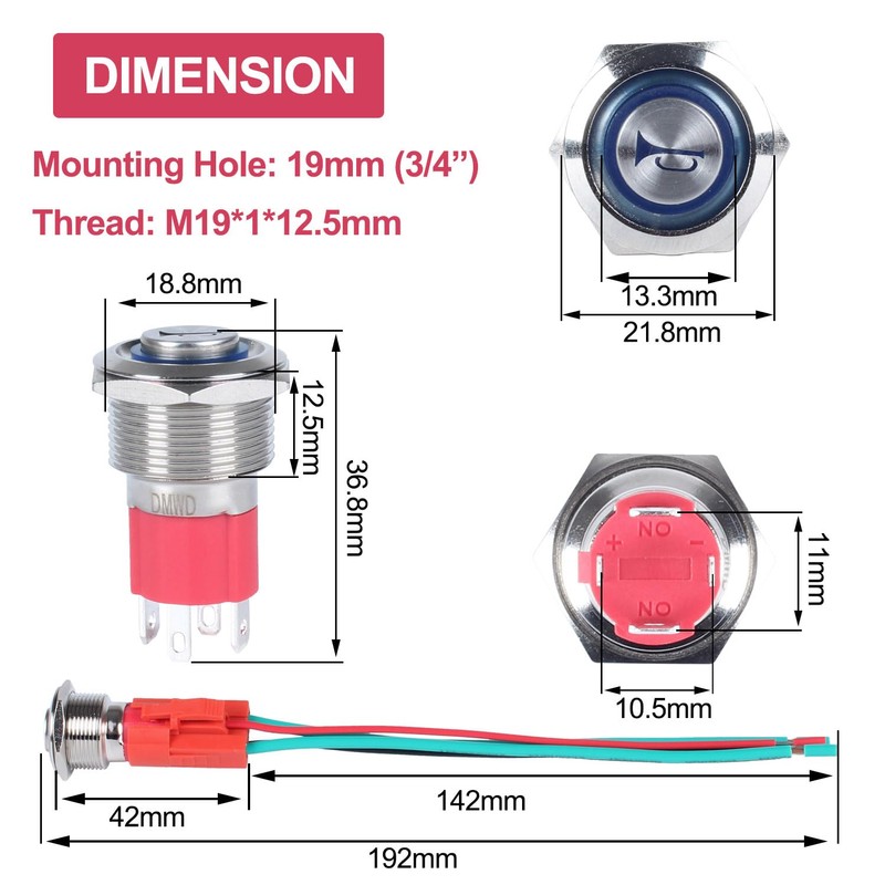 DMWD Horn Push Button Switch 19mm Heavy Duty 20Amp 12V-24V