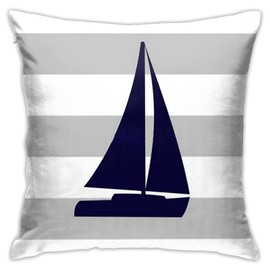 Myshe Square Nautical Navy Blue Sailboat On Silver Gray Stripes Throw Pillow Cover Decorative Cushion Cover Perfect Decor Gift for Sofa Bedroom Home Decoration 18x18
