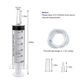 10 Pack 60ml Plastic Syringe Large Syringes Catheter Tip Sterile Individual Wrap with Tip Cap Adapter Soft Tube,Measurement for Scientific Labs,Measuring Liquids,Pet Feeding,Oil or Glue Applicator(60ml 10)