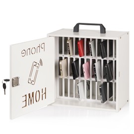 Lzttyee Cell Phone Holder Classroom 33 Slots Wooden Cell Phone Storage Cabinet Pocket Chart with Handle and Security Lock for Classroom Office (White)