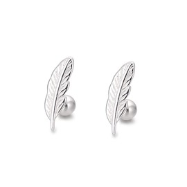20G Feather 925 Sterling Silver Sleeper Tiny Cartilage Stud Earrings Small Bead Screw Back Tragus Lobe Hypoallergenic Piercing Studs Cute Jewelry Gifts for Women Girls Daughter Birthday