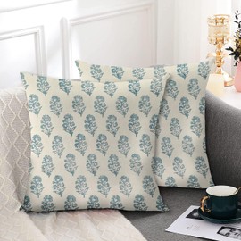 Wsunsal Navy Blue Block Print Pillow Covers 18x18 Inch Set of 2 Vintage Boho Floral Outdoor Decorative Throw Pillow Cases Farmhouse Spring Summer Flower Square Cushion Covers for Home Sofa Bedroom