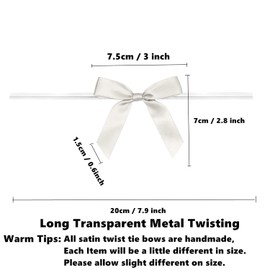GUIFIER 50 PCS 3 Inches Satin Bow Twist Ties, Ribbon Twist Tie Bows for Treat Bags, Pretied Bows, Twist Tied Bows with Wire for Bags, Pre Tied Ribbon Bows for Baby Shower, Favors, Popcorn(Silver)