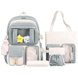 HORHREAR Kawaii Backpack 5Pcs Set for School, Cute Clear Backpack Preppy with Aesthetics Pendant for Girls Boys Primary Bag (Set-Light Green)