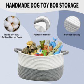 Fhiny Cotton Rope Dog Toy Basket with Handle Puppy Toys Storage Bin Small Woven Rectangle Diapers Pet Kitty Bed Perfect for Carry Pet Chew Toys Blankets Leashes Doggie Stuff - White and Grey (M)