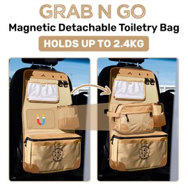 Living in a Bubble Seat back Organizer – Magnetic Toiletry and Cooler Pouch, Cordura Car Backseat Storage with Device Holder & Hooks, Multi-Compartment Utility Bag for Campervans & Family Travel