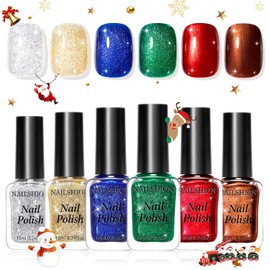 Christmas Nail Polish Set, 6 Colors Red Green Royal Blue Sparkle Gold Silver Nail Polish Kit, Salon-Quality, Hema-free, Non Gel, Quick Air Dry, Long-lasting DIY Nail Art Holiday Gift