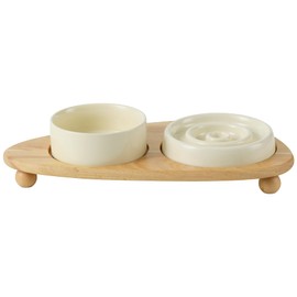 Havniva Ceramic Slow Cat Feeder Bowl, Raised Slow Cat Food Bowl, Elevated Cat Water Bowl with Wooden Stand, Pet Slow Feeder Bowl, Circle Shape. (2 x Bowl with Stand - Cream, 6inch)