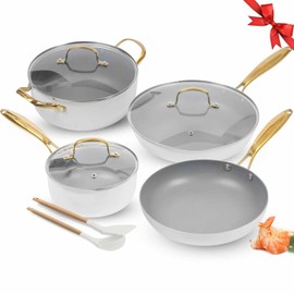 AUDANNE Nonstick Pots and Pans Set 9 Pieces, Non Stick Kitchen Cookware, Cooking Skillets Include Frying Pan with Lid, Saucepan, Casserole, Spoon, Turner Spatula, PFOA Free for Induction, White & Gold