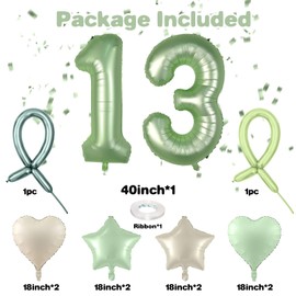 Sage Green Number 13 Balloons, Olive Green Cream Foil Star Heart With Long Balloons For 13th Birthday Party, Baby Shower Decor