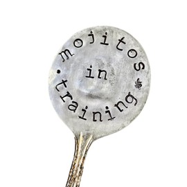 Herb Marker, Mint funny saying, Mojitos in Training, Hand stamped on silver plate gumbo spoon, Garden Marker to stick in potted herb plant