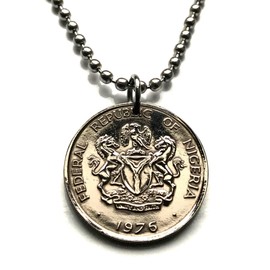 1976 Nigeria 10 Kobo coin pendant Nigerian black shield horses eagle Abuja Lagos Kano Ibadan Benin City Port Harcourt Jos Ilorin Oyo Uyo Sokoto Ilorin Oyo Sokoto Owerri Zuma Rock Super Eagles n001426