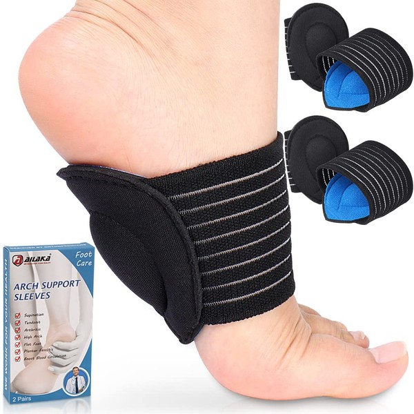 Ailaka 2 Pair Compression Cushioned Arch Support Brace, Plantar Fasciitis Sleeves for Pain Relief & Sore, Flat Feet, Heel Spurs