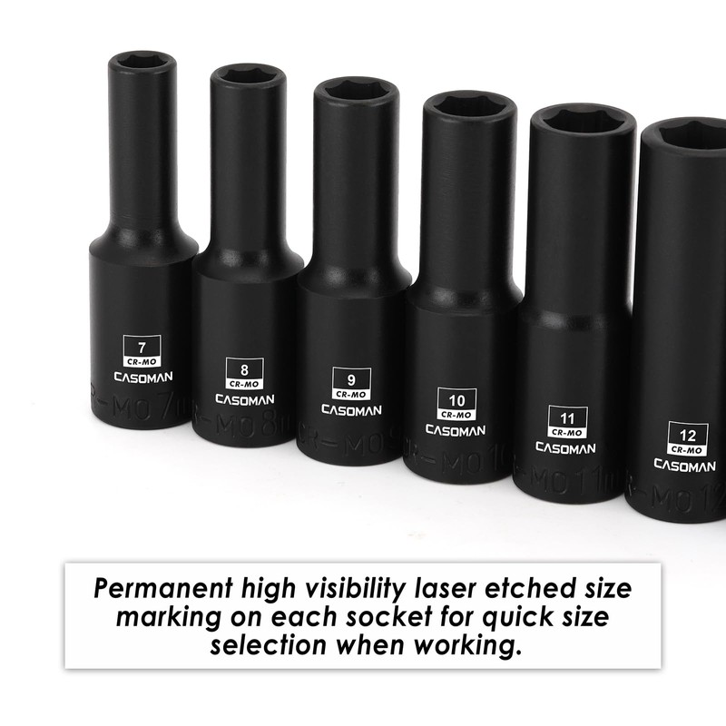 CASOMAN 13PCS 3/8"Drive Magnetic Impact Socket Set, Deep, 6-Point, Metric,