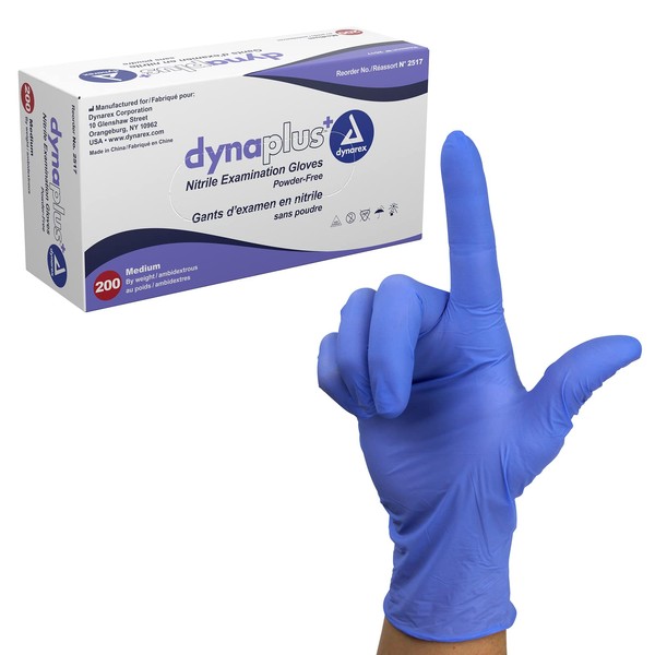 Dynarex DynaPlus Disposable Nitrile Exam Gloves, Powder-Free, Latex-Free, Strength + Value, Used by Professionals, Blue, Medium, 1 Box of 200