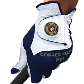Copper Tech Men's Golf Gloves With Ball Marker (1 Pack) - Optimal Joint Support & Comfort With Copper Compression Feature - Breathable & Tacky - Crafted With Fine AAA Leather - color: WHITE/NAVY, size: Small, Hand Orientation: [Right Hand] For Left Hande