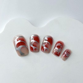 3D Swirl Press on Nails Short Square Fake Nails Glitter Glue on Nails Red Gradient Nails with Rhinestones Acrylic Nails Full Cover Glossy Stick on Nails Artificial Nails for Women Girls