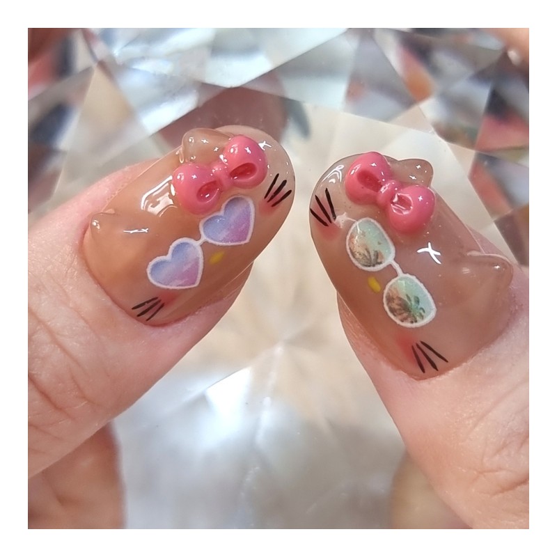 Summer Sunguri cat handmade nail tips - Short Square /