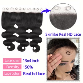 13x4 Skinlike Real HD Lace Frontal Human Hair Body Wave 0.1mm Extremely Thin Ear To Ear HD Crystal Lace Closure Human Hair Pre Plucked with Baby Hair 13x4 Lace Closure Only 14 Inch