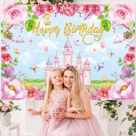 Princess Birthday Party Backdrop Pink Floral Castle Photography Background for Girls Kids Baby Shower Birthday Party Decorations Backdrop (8x6FT: 96x72 inch)