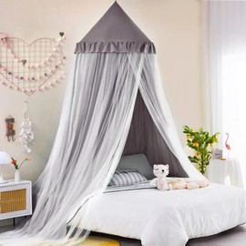 Kertnic Large Dome Bed Canopy for Kids Room Double Layer Mosquito Net, Hanging Play Tent Children Reading Nook Canopies, Princess Castle Dreamy Bedding for Girls Room House Décor (Gray)