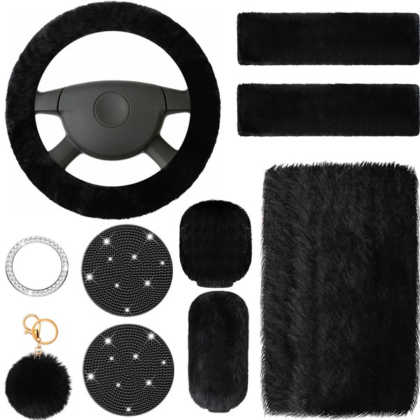 10 Pieces Fluffy Steering Wheel Covers Handbrake Cover Seat Belt Shoulder Pads Gear Shift Cover Diamond Tray Ignition Ring Ball Key Chain Armrest Box Mat (Black)