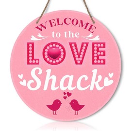 Welcome To The Love Shack Valentine's Day Signs Decor, Love Heart Pattern Round Wood Sign Hanging Plaque Wooden Decoration, Valentines Day Wedding Party Supplies Indoor Outdoor (12 Inch)