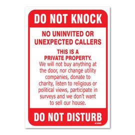 No Soliciting Sign - Do Not Knock - Do Not Disturb Sign - 10" high x 7" wide, Red on White, Vinyl Sticker, Indoor and Outdoor Use, Rust Free, UV Protected, Waterproof, Self Adhesive