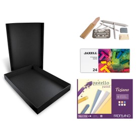 Honsell 14-99890 Pastel Paint Set "Pastelli" Artist Set, Black Storage Box with 24 Soft Pastels, Drawing Accessory Set and a Drawing Pad in DIN A4