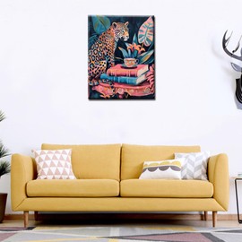 Cute Leopard Paint by Number for Adults,Animal ,Wildlife Cheetah DIY Oil Painting Kits on Canvas with Brushes and Acrylic Pigment Coffee,Books Picture Home Decor 16x20inch Boho Palm Gift (Frameless)