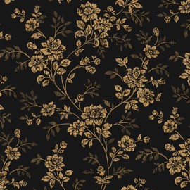 Cohoo Home Black Gold Peel and Stick Wallpaper Floral Flower Gold Contact Paper for cabinets Mural Moody Vintage Self-Adhesive Removable Wallpaper for Bedroom Bathroom Waterproof Dark 17.3inW 78.7inL