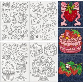 DOODLREAM 27Pcs Strawberry Embroidery Pattern Stabilizers, 8.3”x11.7” Strawberry Dessert Water Soluble Stick and Stitch Embroidery Stickers, 4 Sheets Cartoon Hand Sewing DIY Embroidery Transfer Paper