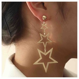 Aneneiceera Boho Hollow Star Earrings, Gold Triple Star Earrings, Long Star Earrings, Punk Stud Earrings with Exaggerated Star, Jewelry for Women and Girls (Gold), Alloy Steel Silver