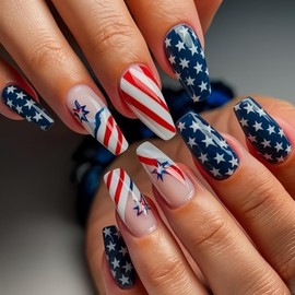 Red Blue Star Press on Nails Medium Square Independence Day Fake Nails with Red Blue Star French Tip Design 4th of July Glue on False Nail Patriotic Artificial Stick on Nail for Women 24Pcs