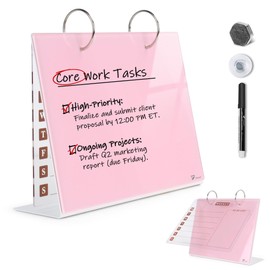 Desktop Glass Dry Erase & Acrylic Aesthetic Desk Calendar Weekly to-do List Combo, Small Magnetic Standing Whiteboard, Desk Flip Easel Calendar with Accessories for Home Office Supply, Pink, 9 x 7''
