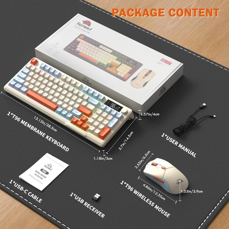 FREEWOLF T96 Smart Display Wireless Gaming Keyboard and Mouse Comb,