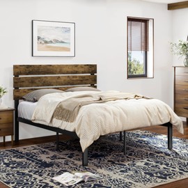 SHA CERLIN Rustic Style Platform Bed Frame Queen Size with Wooden Headboard, Strong Metal Slats Support, Easy Assembly, Dark Brown