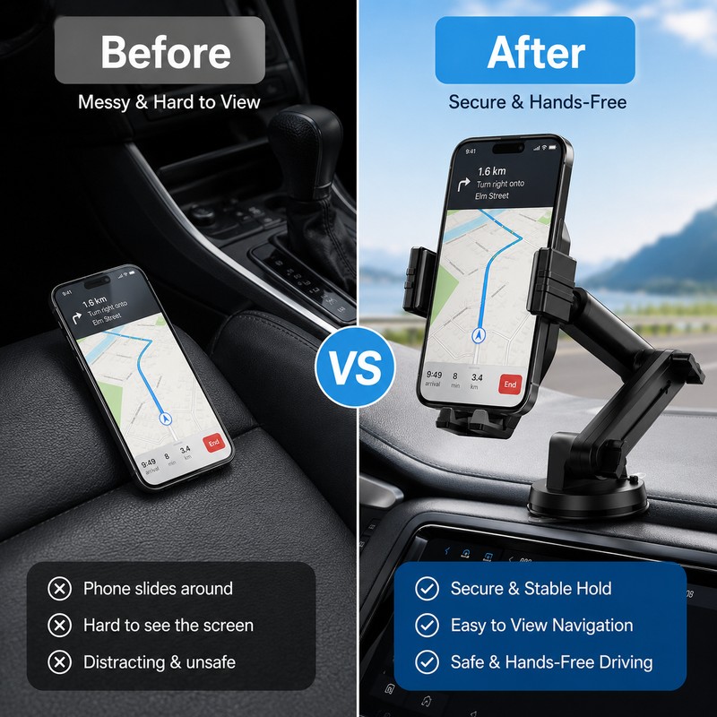 Adjustable Car Phone Mount with Suction Cup – Extendable Dashboard