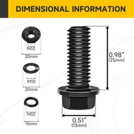 Mywish M10 x 25mm Flanged Hex Head Nuts and Bolts Set - M10x1.5 Black Flange Hexagon Screws With Washers - 10.9 Grade Alloy Steel Metric Assortment (10 Sets)