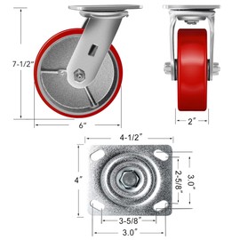FOVERSWIVE 6"x2" Caster Wheels- Heavy Duty Casters, Polyurethane Casters, Capacity up to 2500 Lb. Use for Platform Truck, U-Boat Cart, Workbenches (2 Swivel)