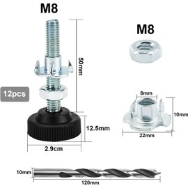 CECOMBINE Levelling Feet, 12 Pack Furniture Feet Adjustable M8 x 50mm Adjustable Table Leg, Heavy Duty Silent Non-Slip Floor Protector with T-Nuts and Screw Nuts for Furniture