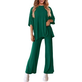 DONYKARRY Two Piece Outfits Women Summer Short Sleeve Tracksuit Womens Full Set Lounge Wear Sets for Casual Women Tops and Jogging Bottoms with Pockets(Green,L)