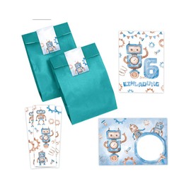 Minkocards 12 Invitation Cards for 6th Children's Birthday Boy Robot Invitations for Sixth Birthday Includes 12 Envelopes, 12 Party Bags/Petrol, 12 Stickers, 12 Bookmarks