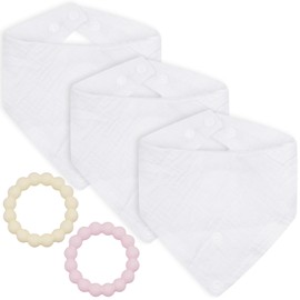 3-Pack Baby Drool Bibs + 2 Teething Set for Boys Girls - Soft Cotton Drooling & Teething Bibs for 0-24 Months Infants,100% Organic Cotton, Food-Grade Silicone