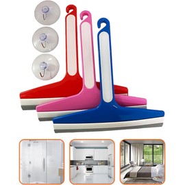Shower Squeeze with Sticking Hook, Multi-Purpose Rubber Squeegee for Glass, Door, Windows, CAR WINDSHEILD Kitchen Bathroom, Kitchen Sink 3 PC Set (RED,Pink,Blue)