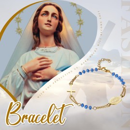 OIDEA Virgin Mary Cross Rosary Bracelet: Gold Catholic Beaded Bracelets for Women Virgin of Guadalupe Adjustable Link Chain Bracelet First Communion Jewelry Gifts, Blue Beads
