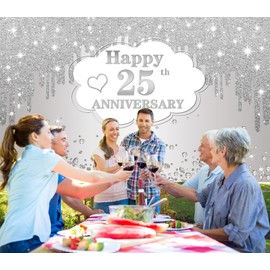 25th Wedding Anniversary Banner Decorations, Silver 25 th Wedding Anniversary Decorations Decor Poster Photography for Backdrop, Silver Happy 25 Anniversary Party Supplies, 72.8x43.3 inches