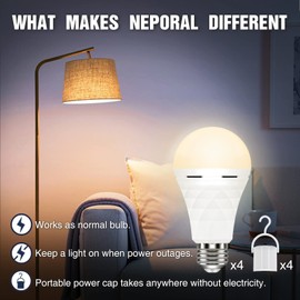 Neporal A19 Rechargeable Light Bulbs, Emergency Light Bulb 60 Watt Equiv., Self-Charging Light Bulb 1200mAh Battery Backup Light Bulbs for Power Failure, Hurricane (Soft White)